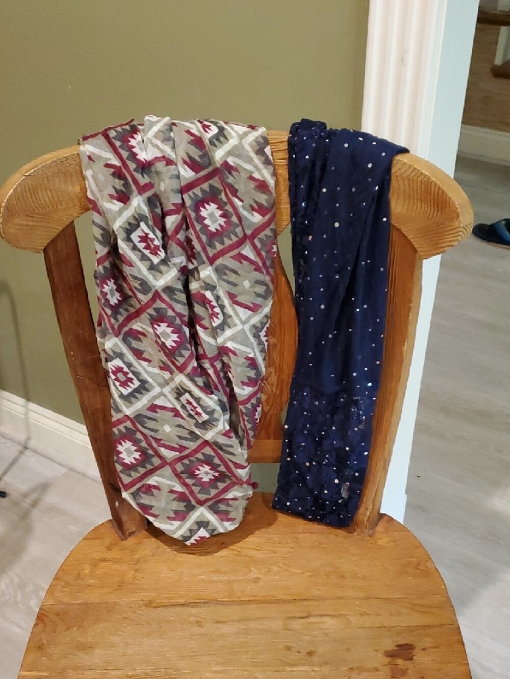 Two Infinity Scarves Navy w/Lace and Sparkles and Multi Color Geometric